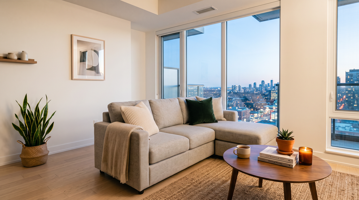 A compact L-shaped sectional sofa in a small bright Canadian condo living room with clear walkway