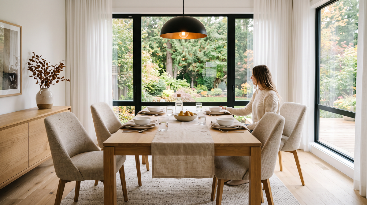 A bright Canadian dining room with a rectangular oak table and chairs pulled out to show clearance