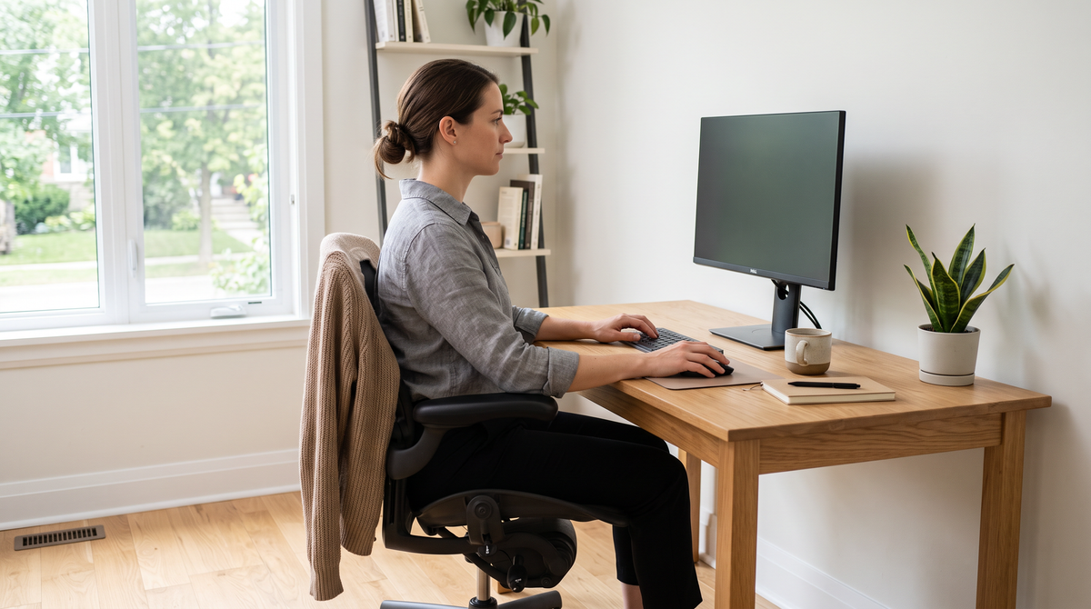 Side view of a person seated at a desk with elbows at ninety degrees and monitor at eye level
