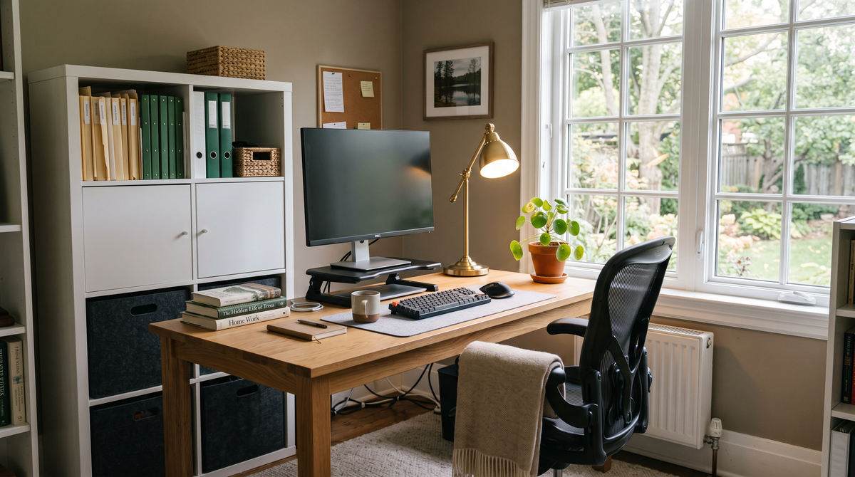 A tidy Canadian home office beside a window with monitor at eye level, ergonomic chair and task lamp