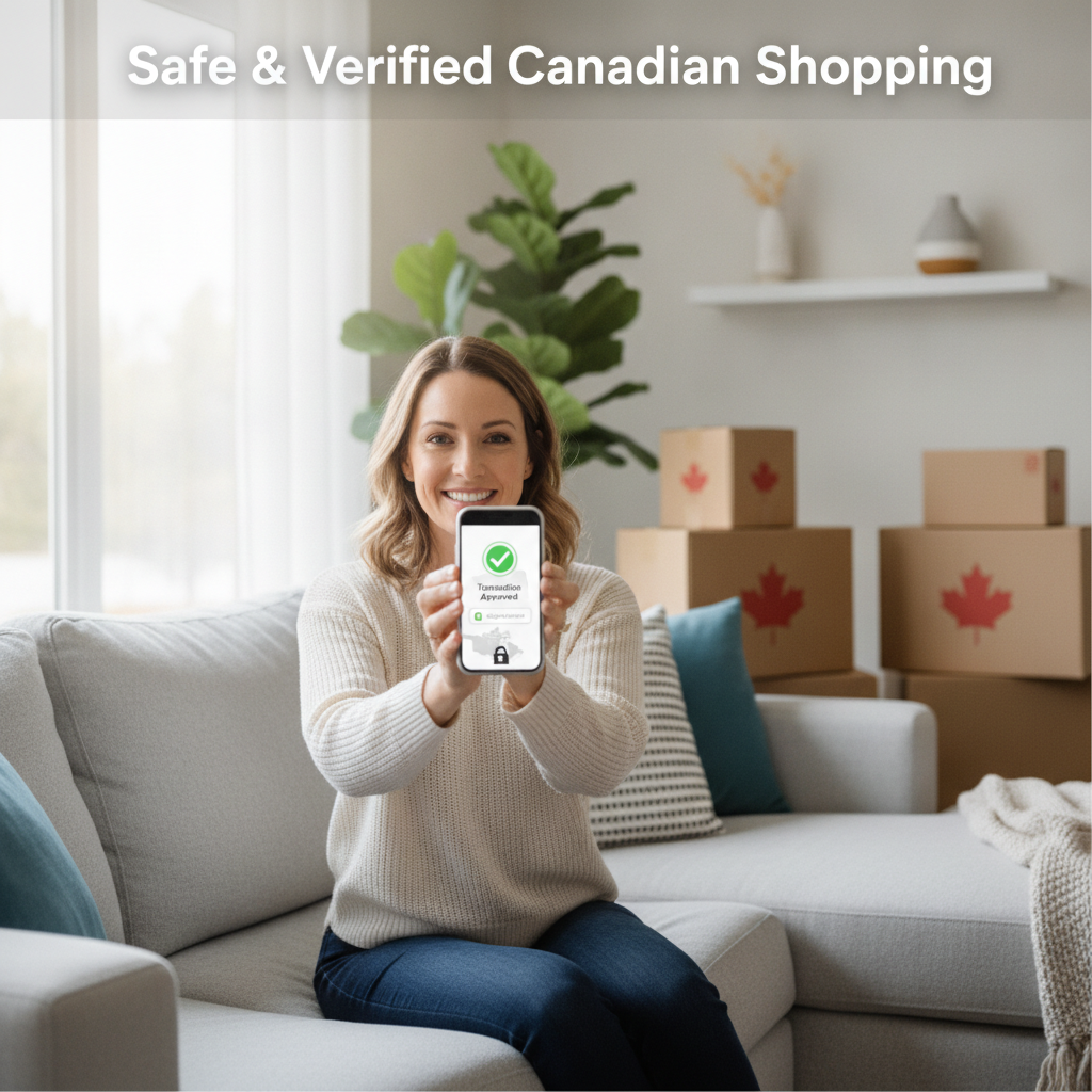 A smiling Canadian shopper using a smartphone for secure online shopping, illustrating the definitive guide to safe online shopping at ValuHub Canada.