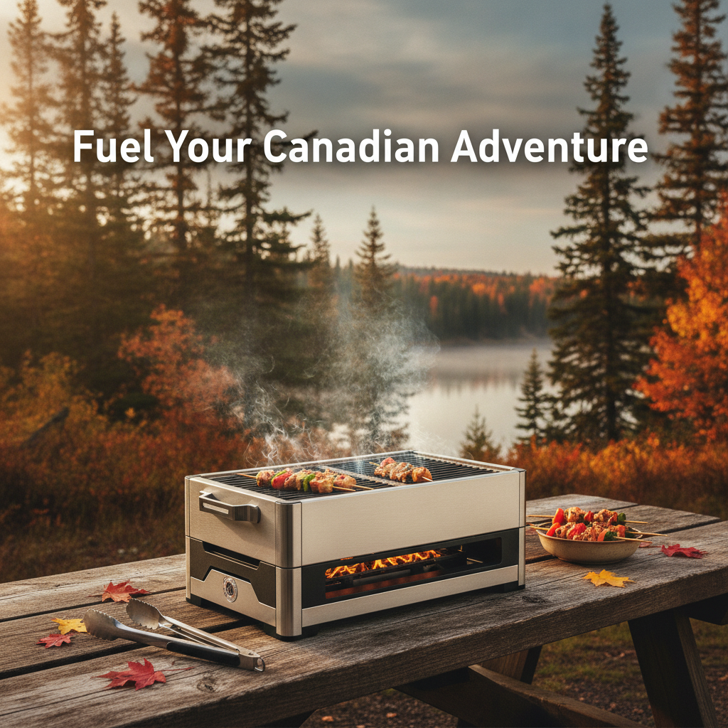 A sleek portable camping BBQ set up on a rustic wooden table in a scenic Canadian park, illustrating The Ultimate Guide to Choosing a Portable BBQ for Camping in Canada.
