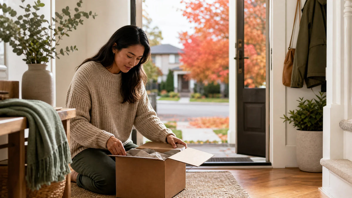 Person in a knit sweater kneeling in a sunlit hallway to open a plain cardboard delivery box, with the front door open onto an autumn street