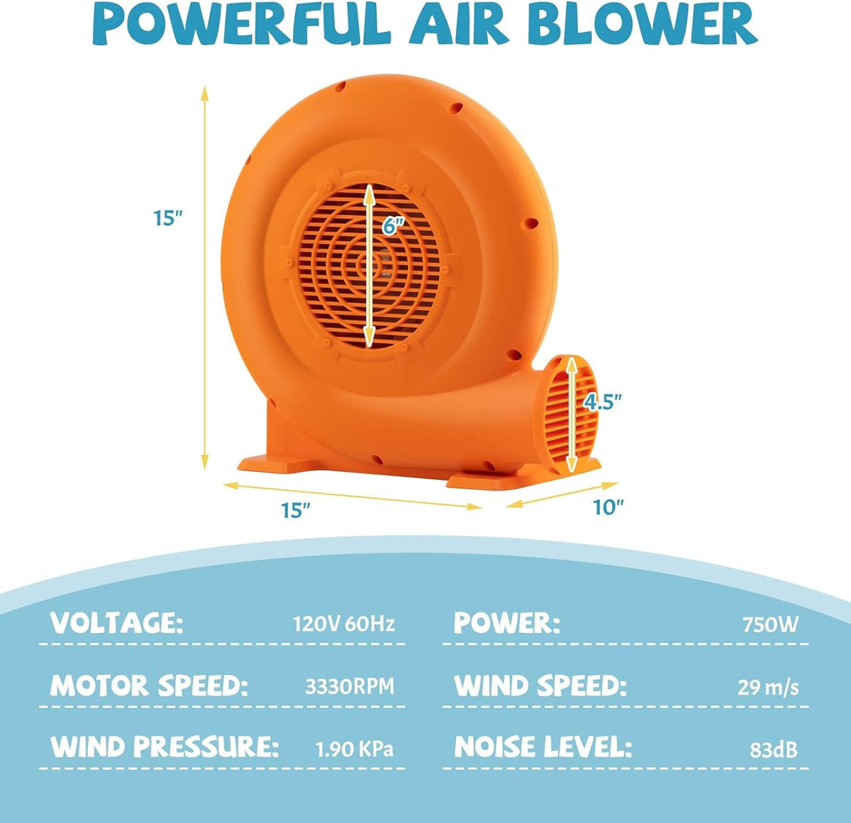 750W Air Blower (1.0HP) for Inflatables with 25 feet Wire and GFCI Plug view 5