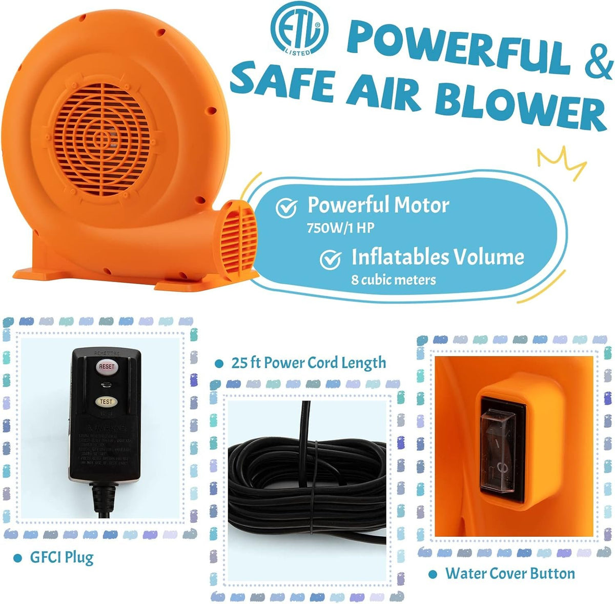750W Air Blower (1.0HP) for Inflatables with 25 feet Wire and GFCI Plug view 9