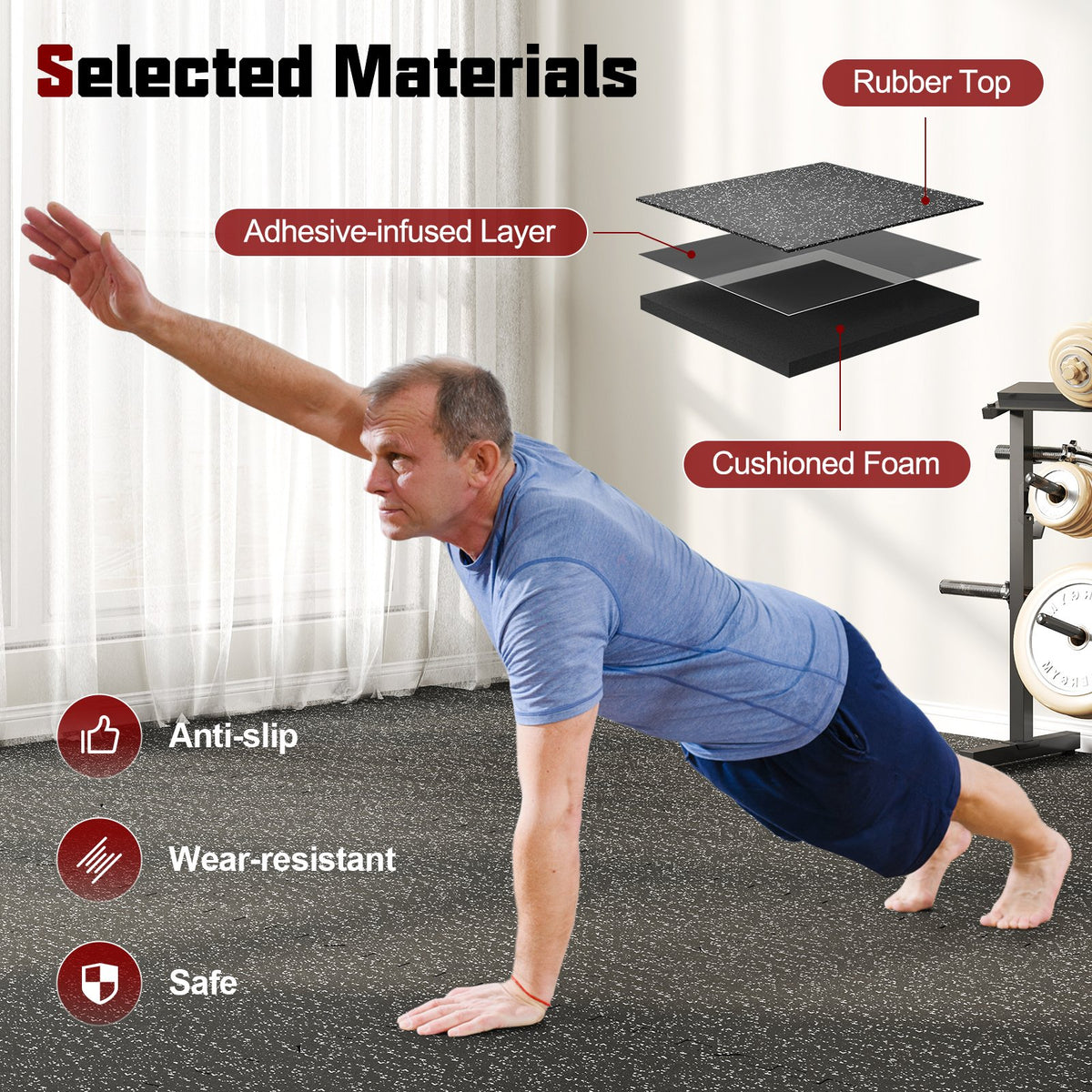 0.79 inch Thick Rubber Top Exercise Mat 48 Sq Ft with Boarders view 7