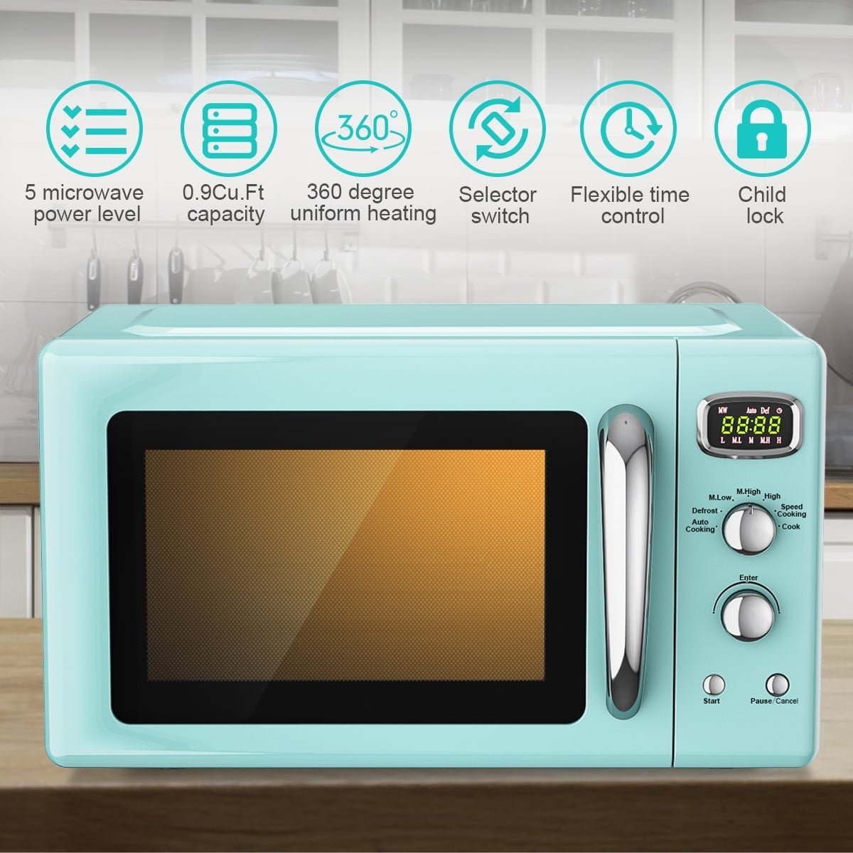 0.9 Cu.ft Retro Countertop Compact Microwave Oven-Green view 6