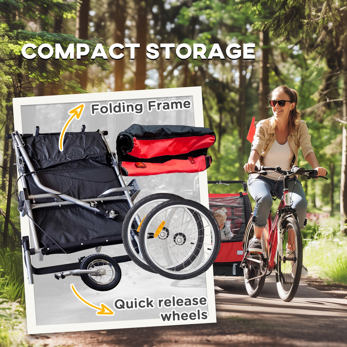 Aosom 2-in-1 Bike Trailer for Kids, Foldable 2-Seat Baby Stroller with 5-Point Harness, Rubber Wheels, Storage Bag