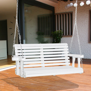 2 Seater Porch Swing Wooden Patio Swing Chair Seat with Cup Holder and Chains Outdoor Swing Bench for Garden Yard, White