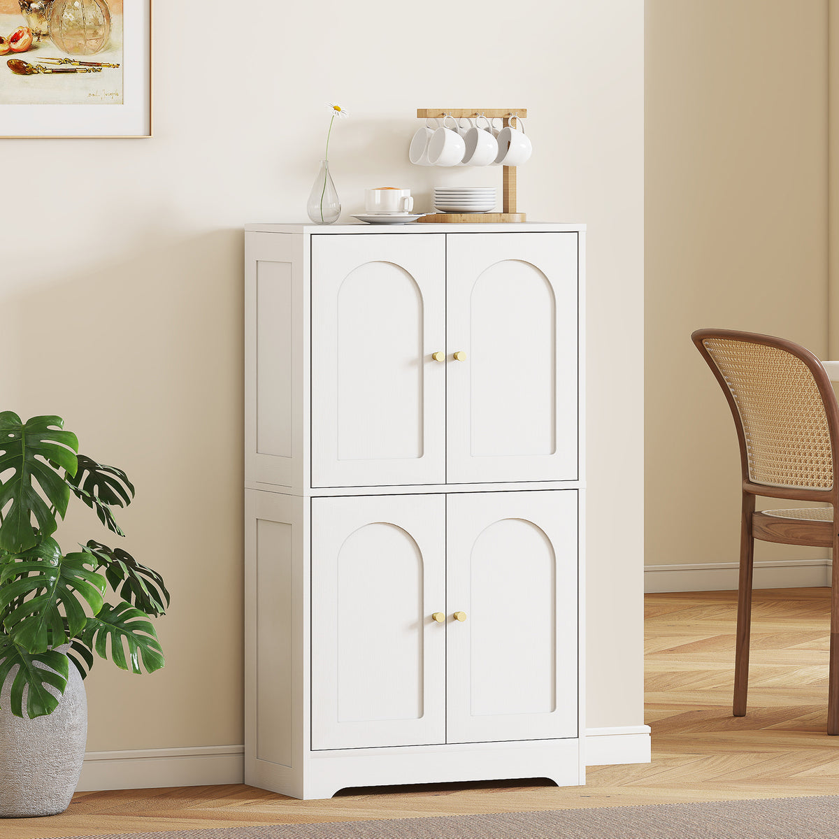 43" Kitchen Pantry Cabinet, Freestanding Modern Storage Cabinet with 4 Arched Doors and 2 Adjustable Shelves, White