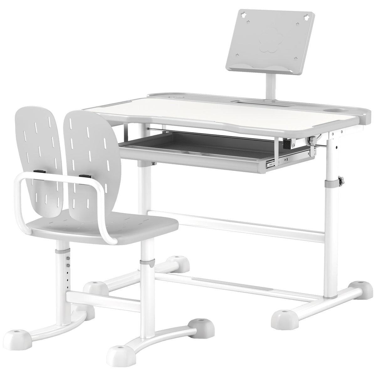 Qaba Height Adjustable Kids Desk and Chair Set with Tilt Desktop, Large Writing Board, Storage Drawer, Book Stand