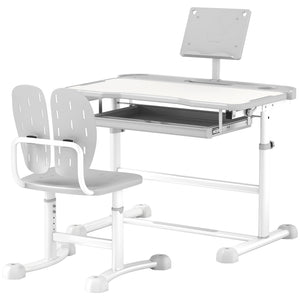 Qaba Height Adjustable Kids Desk and Chair Set with Tilt Desktop, Large Writing Board, Storage Drawer, Book Stand