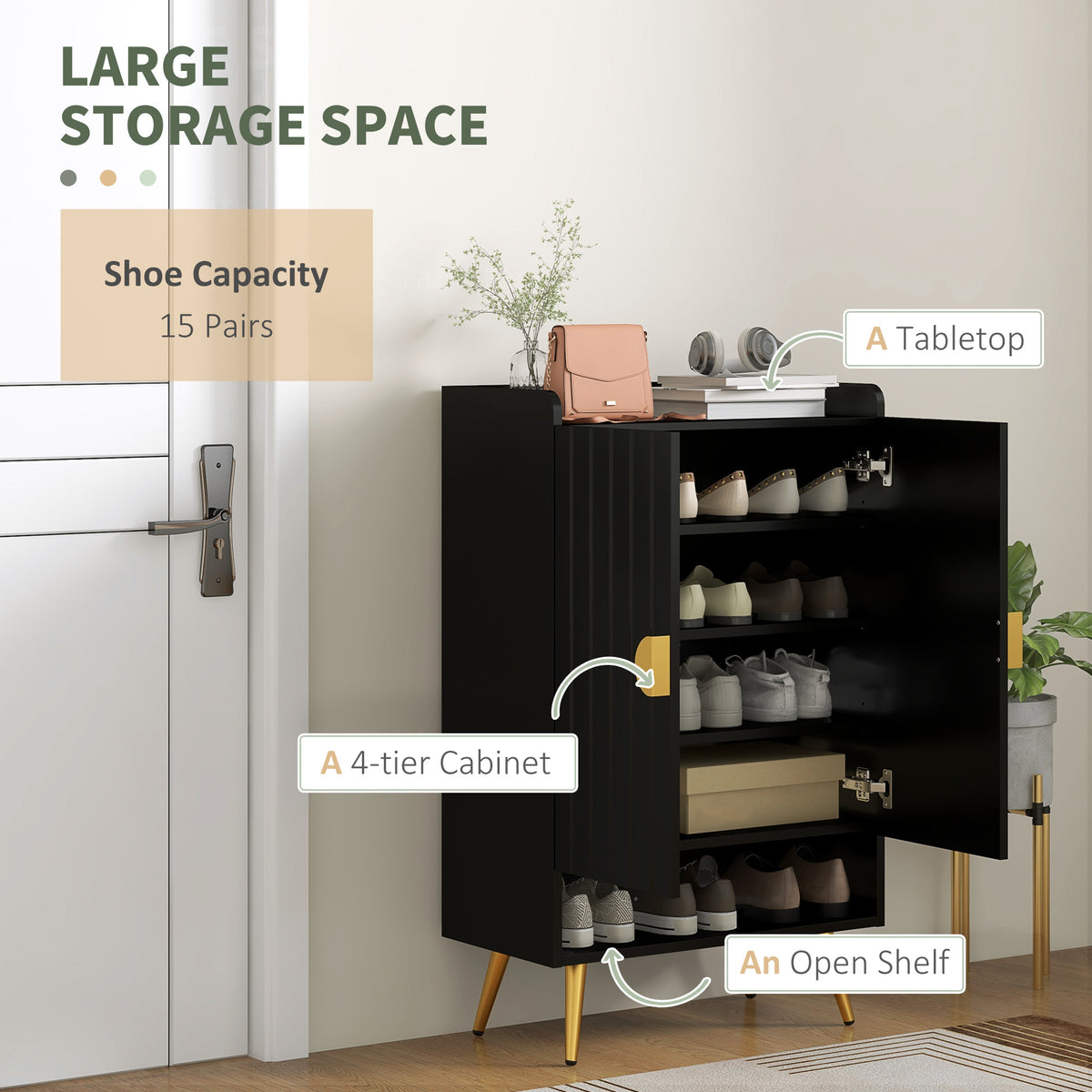 Entryway Shoe Storage Cabinet, Narrow Shoe Cabinet with Adjustable Shelves and Open Shelf for 15 Pairs of – view 24