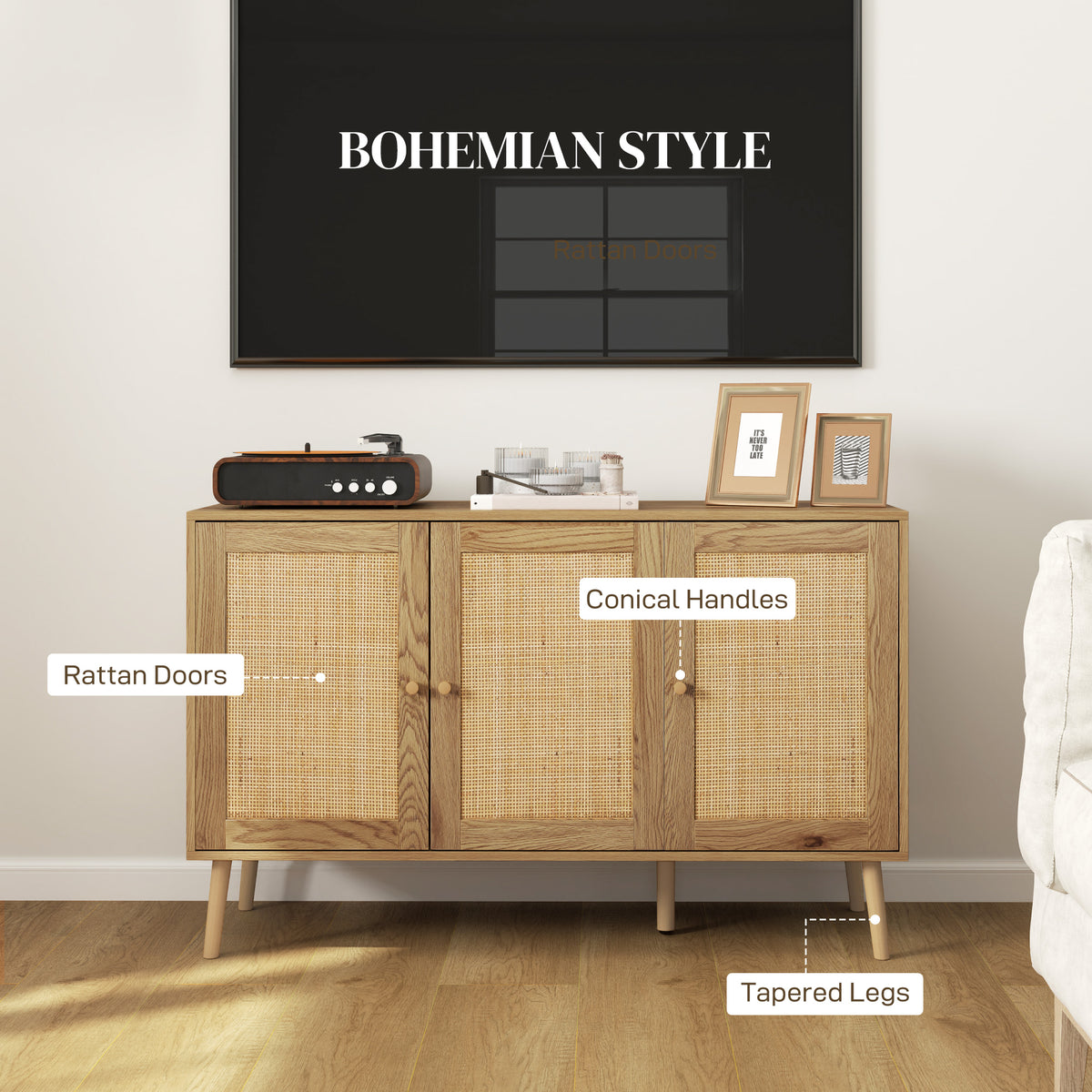 Bohemian Sideboard with Rattan Doors & Adjustable Shelf, Natural Wood Finish