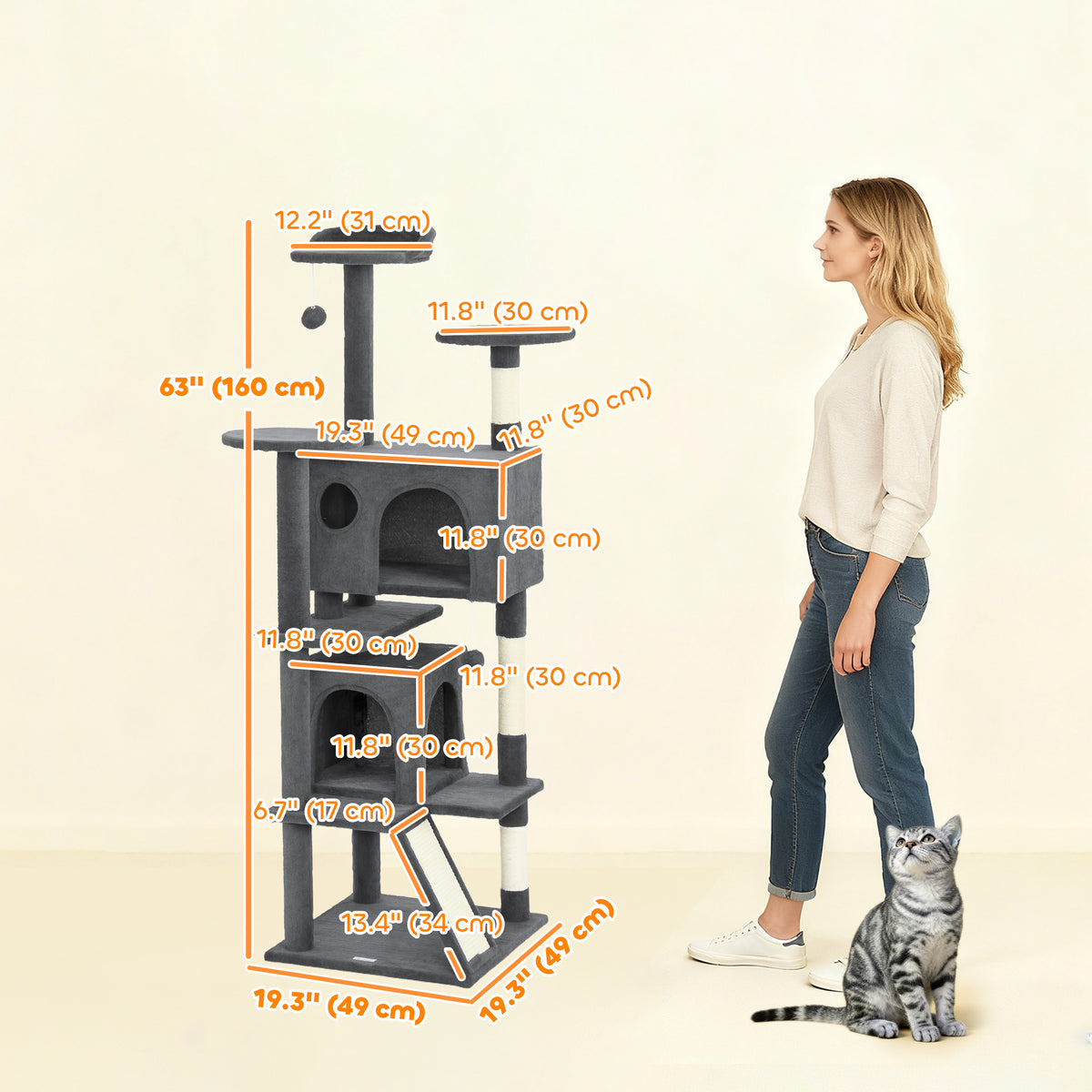 54" Cat Tree, Multi-Level Cat Tower with Scratching Posts, Cat Condos, Bed, Platforms, Ramp, Toy Ball, Beige – view 51