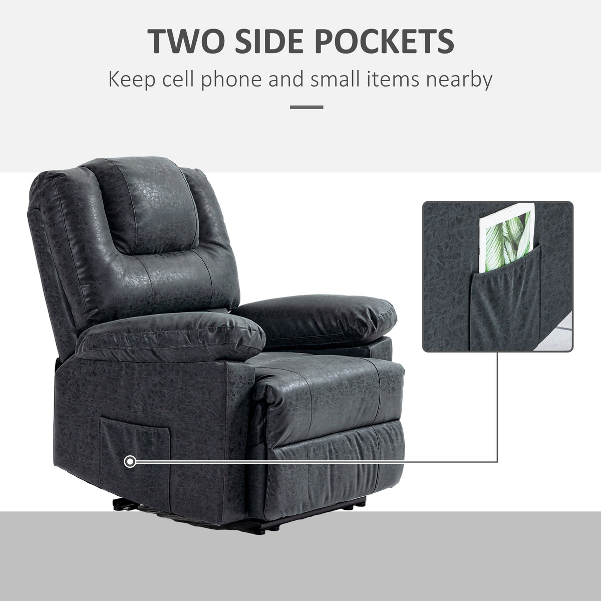 PU Leather Reclining Chair, Manual Recliner Chair for Living Room with Footrest, 2 Side Pockets, Steel Frame, Black