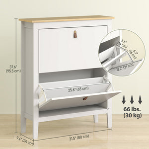 Narrow Shoe Cabinet with 2 Flip Drawers, Adjustable Shelves for Entryway, Holds 10-14 Pairs, White – view 2