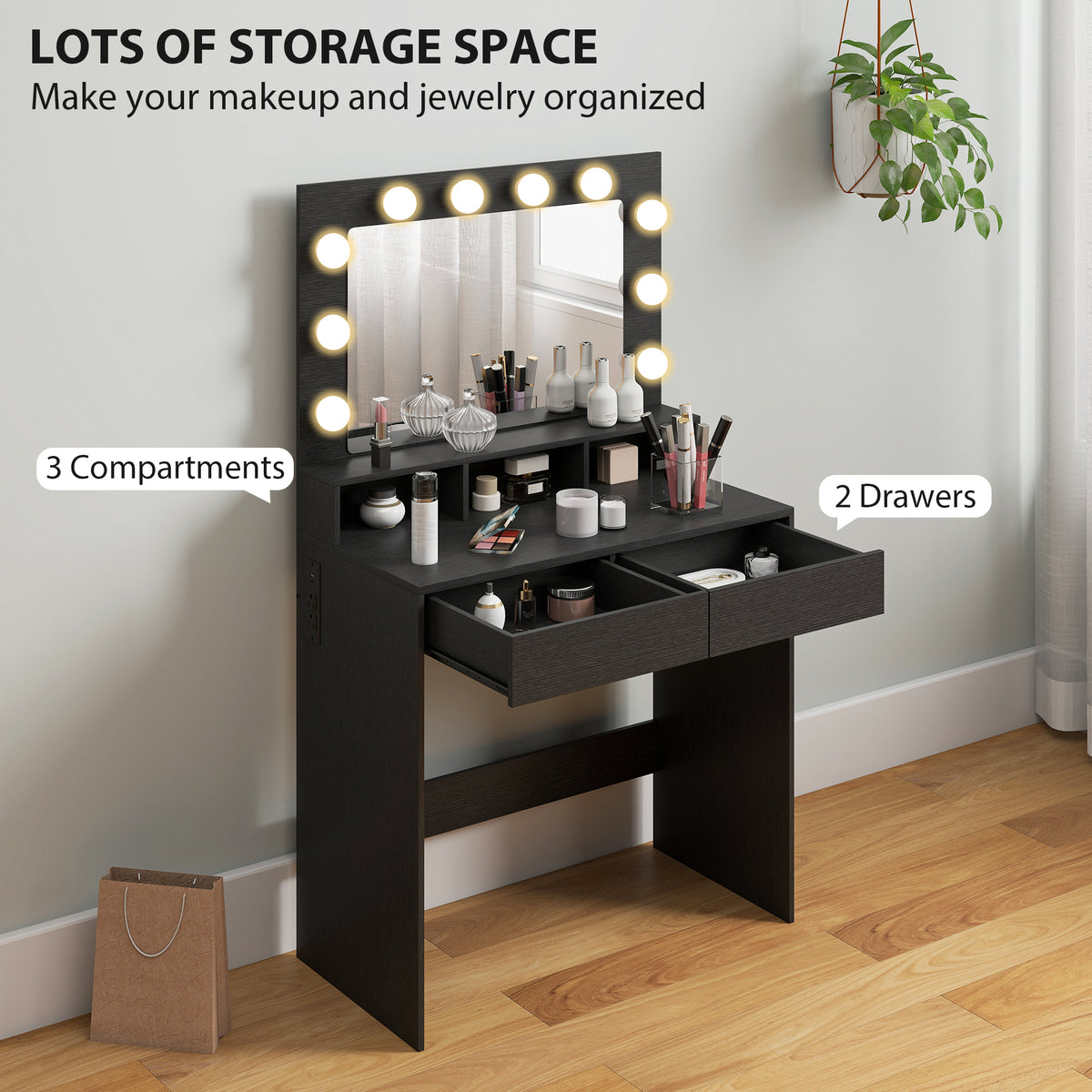 Vanity Table, Makeup Dressing Table with LED Lighting Mirror, Drawers, for Bedroom, Black – view 18