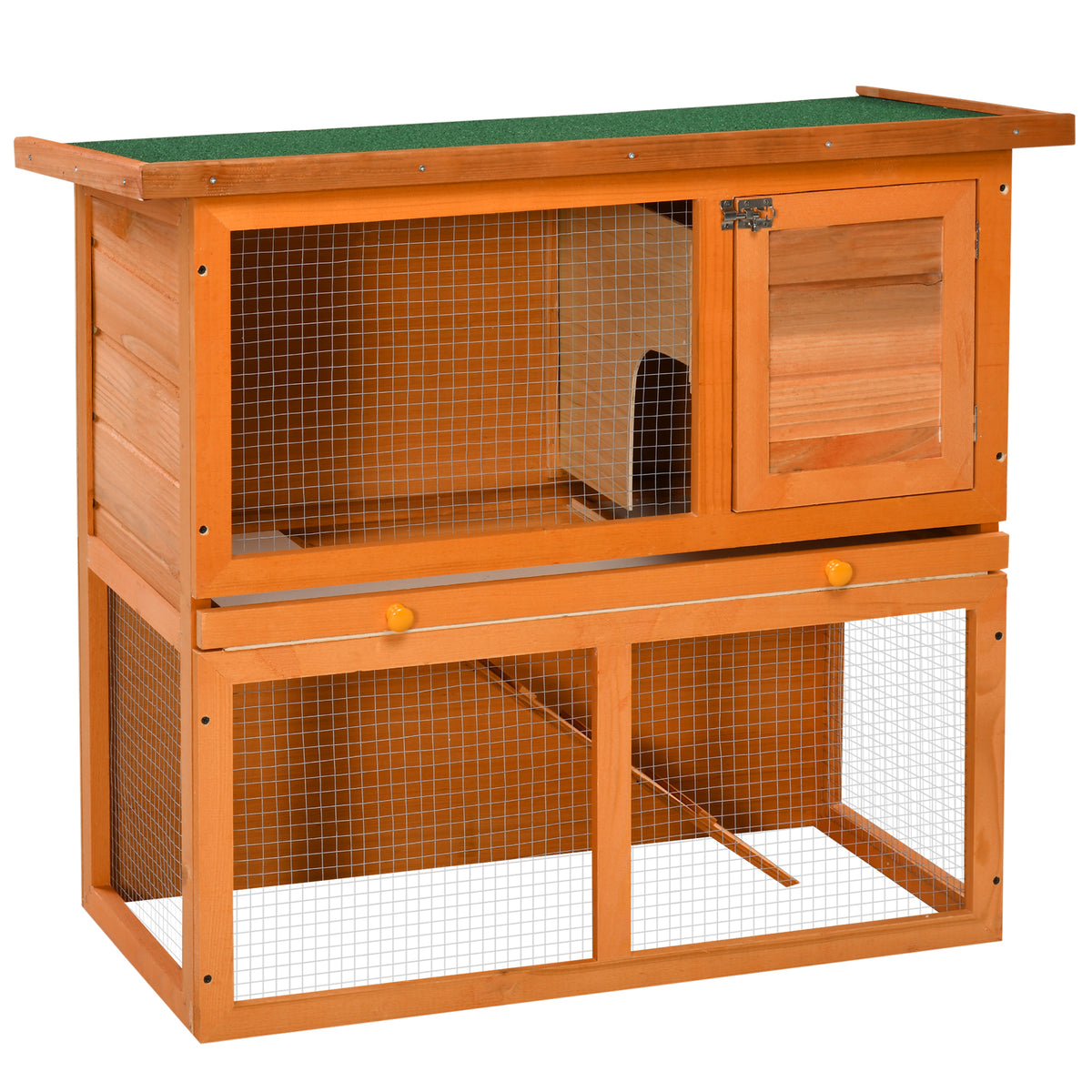 Wooden Rabbit Hutch, Indoor Outdoor Bunny Cage with Run, 2- Level Guinea Pig House with Slide-Out Tray, Waterproof Roof, Yellow