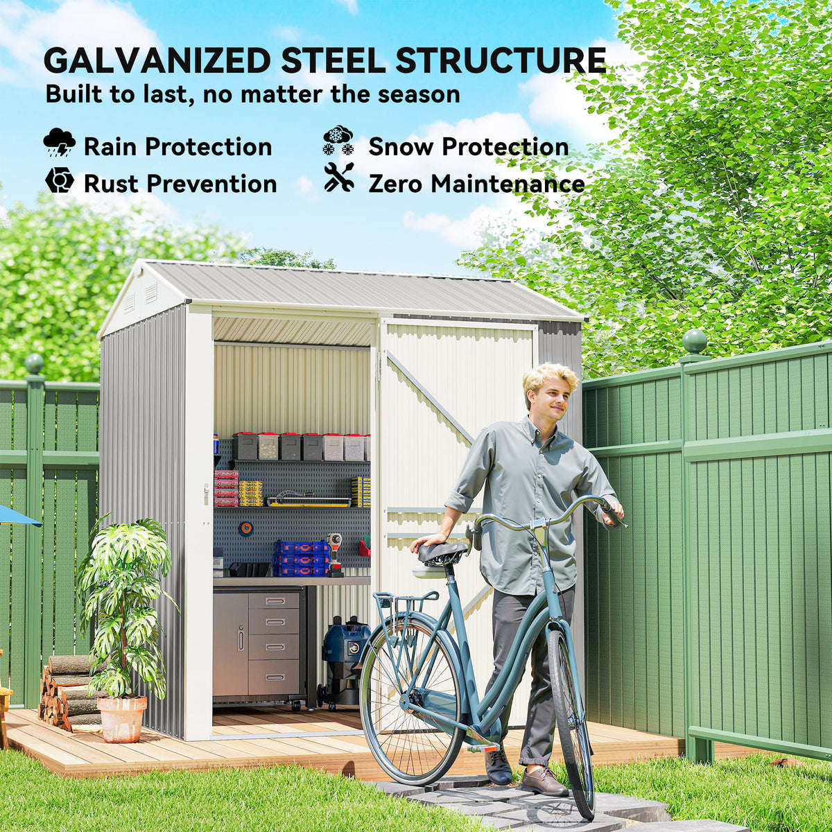 7' x 6' Tall Outdoor Storage Shed, Waterproof Metal Garden Shed with Gloves, Lockable Door, Dark Grey – view 11