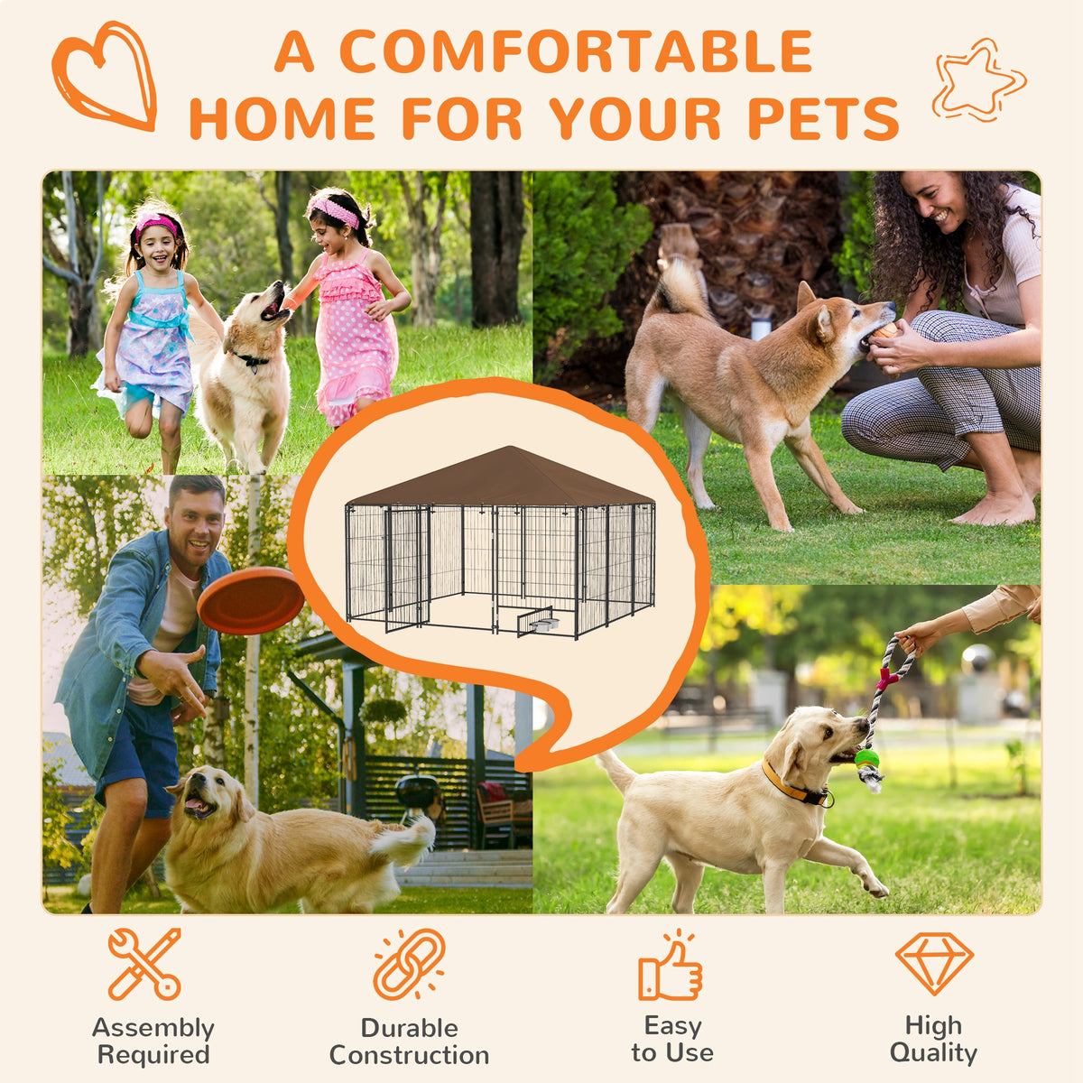 4.6' x 4.6' x 5' Outdoor Dog Kennel with Canopy, Rotating Bowls, Coffee – view 17