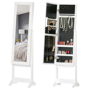 Free Standing Armoire Organizer, Lighted Mirrored Jewelry Cabinet w/ Angle Adjustable & 16 LED Lights Warm