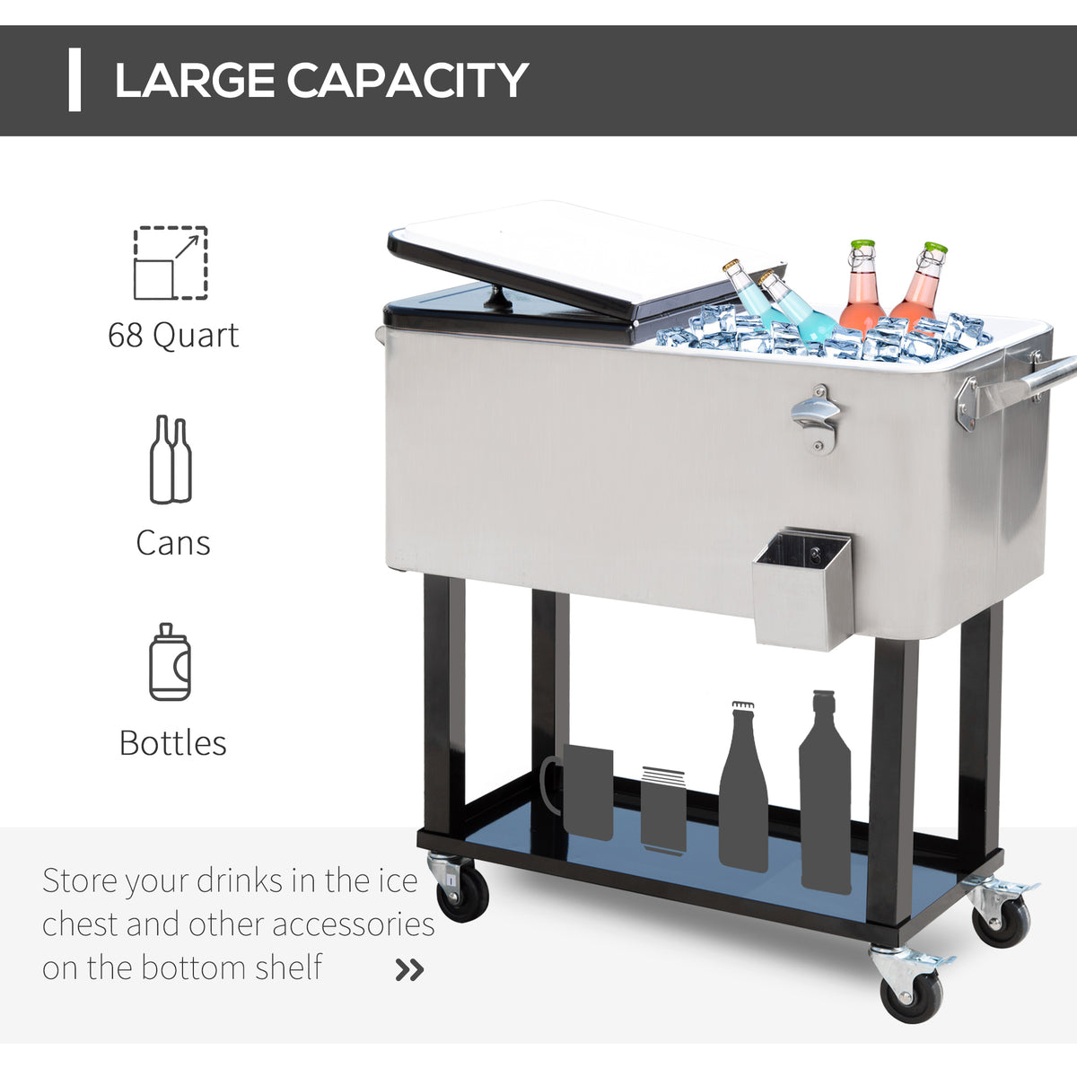 80 Quart Rolling Cooler Cart Ice Beer Beverage Cooling Bin for Outdoor Party, 35.4" x 15.4" x 32.7", Silver