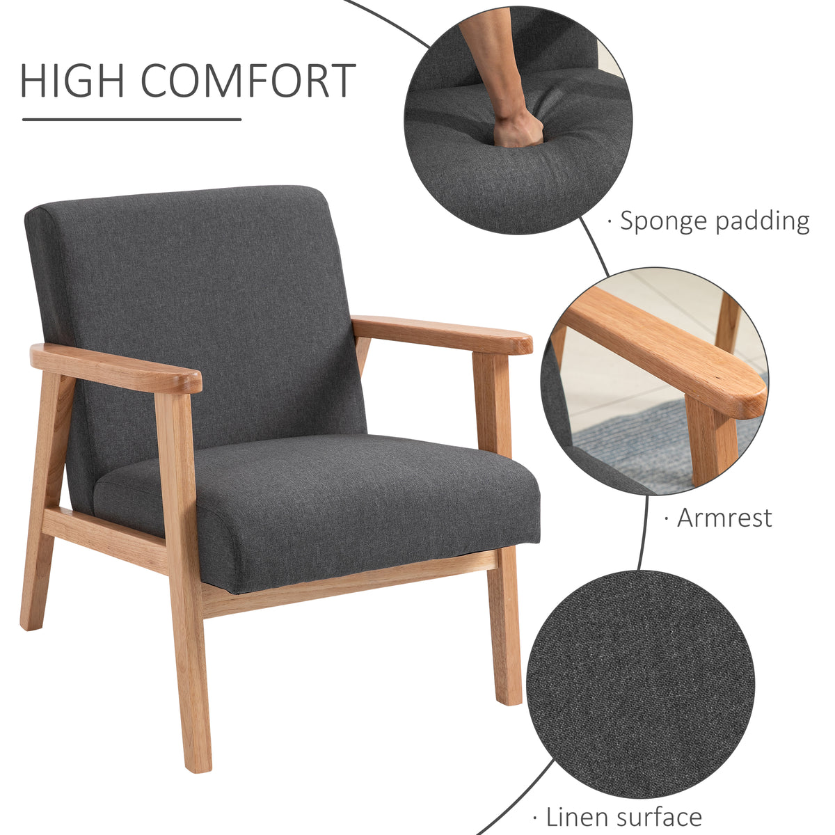 Mid-Century Modern Accent Chair Retro Fabric Armchair Wooden Arm Upholstered Lounge Chair for Living Room Floral