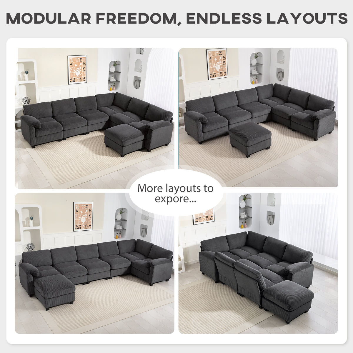 Modular Sectional Sofa, Oversized U-Shaped Couch with Spring Cushion, Corduroy Sofa for Living Room, Charcoal Grey