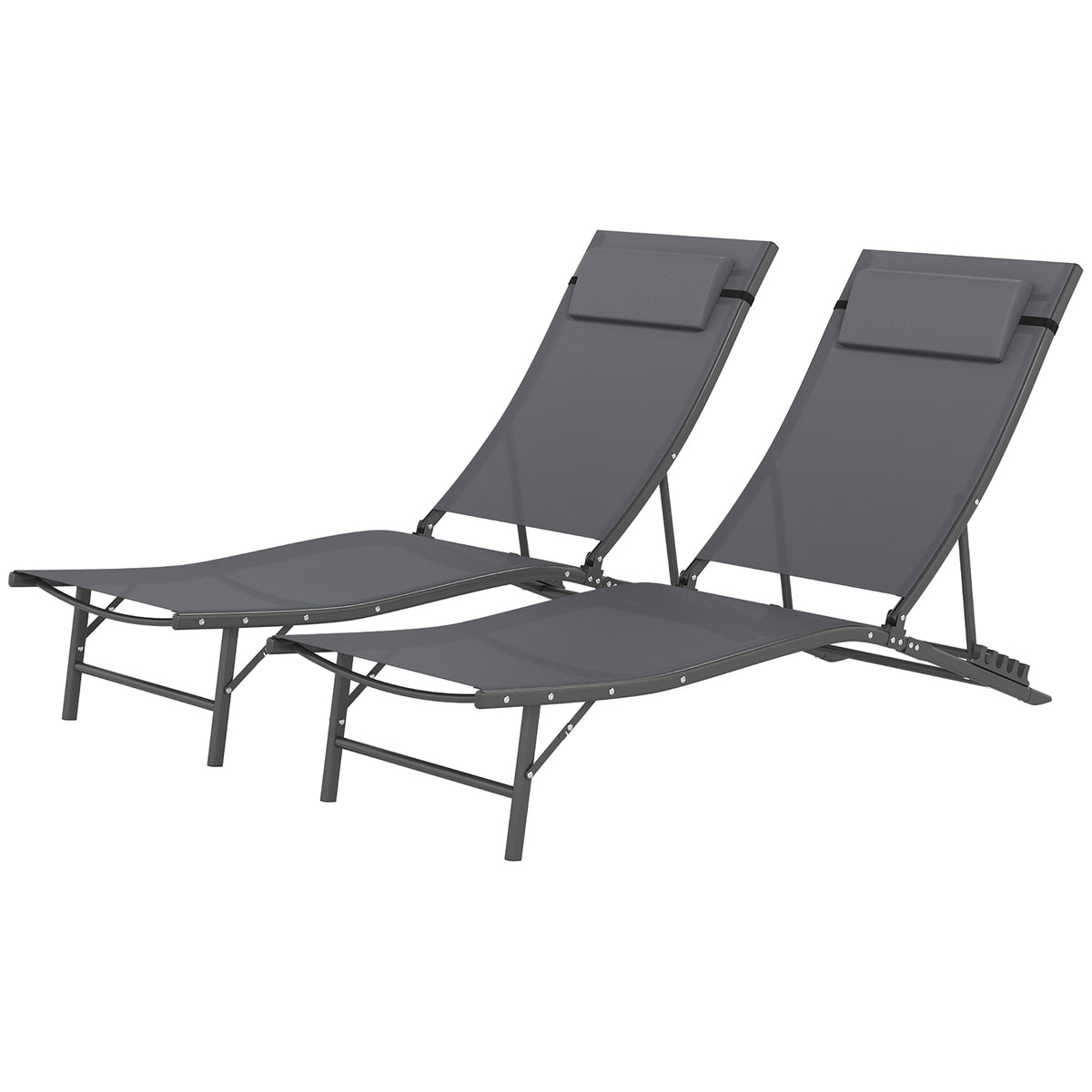 Folding Outdoor Chaise Lounge Chair Set of 2 with Adjustable Backrest, Headrest, Mesh Seat for Beach, Poolside, Grey