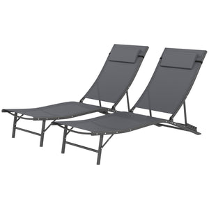 Folding Outdoor Chaise Lounge Chair Set of 2 with Adjustable Backrest, Headrest, Mesh Seat for Beach, Poolside, Grey