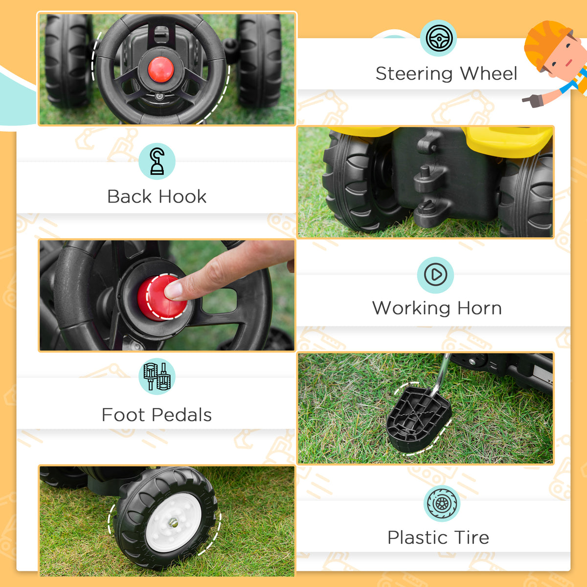 Aosom Ride on Tractor for Kids, Pedal Excavator Ride on Toy with Controllable Front Bucket for 3 Years Old, Yellow