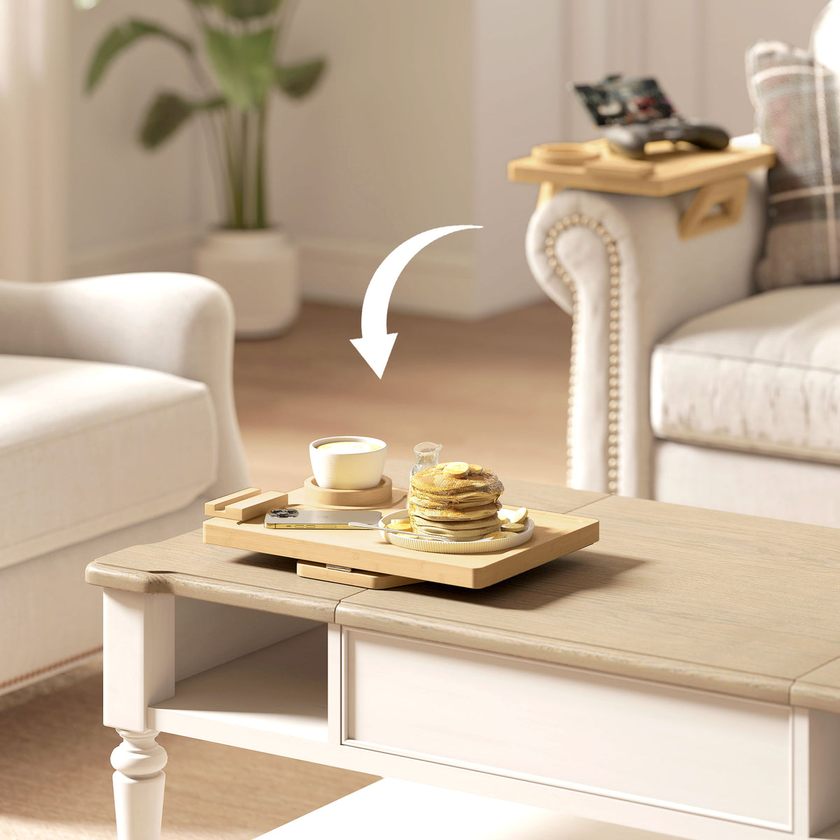 Couch Arm Tray, Clip-On Side Table with 360° Rotating Phone Holder and Removable Cup Holder, Natural
