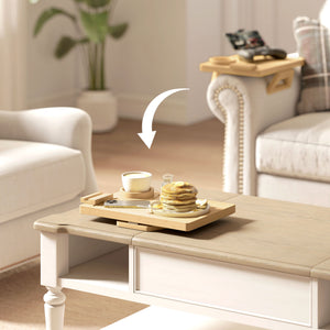Couch Arm Tray, Clip-On Side Table with 360° Rotating Phone Holder and Removable Cup Holder, Natural