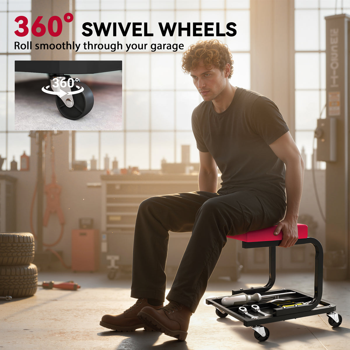 Rolling Mechanic Stool, 300 LBS Capacity Garage Stool with 2" Wheels, 360° Swivel Creeper Seat for Home Car Auto