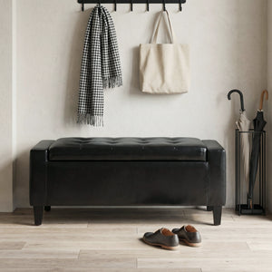 Storage Ottoman Bench, PU Leather Upholstered Bench with Tufted Design, Black