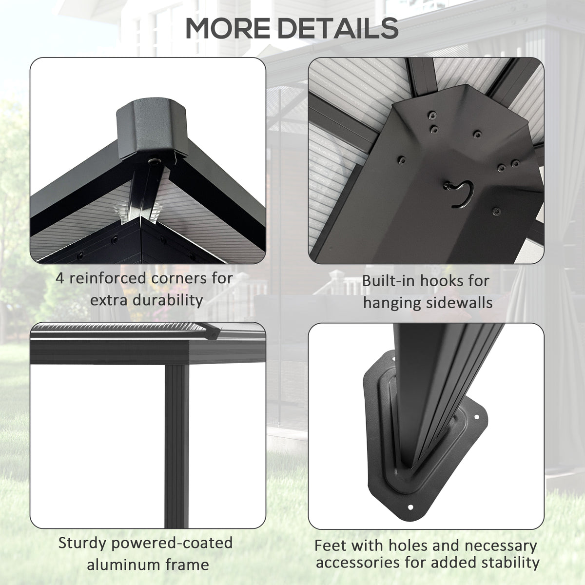 12' x 15' Hardtop Gazebo Canopy with Polycarbonate Roof, Aluminum Frame, Netting, Curtains and Ceiling Hook, Dark Grey