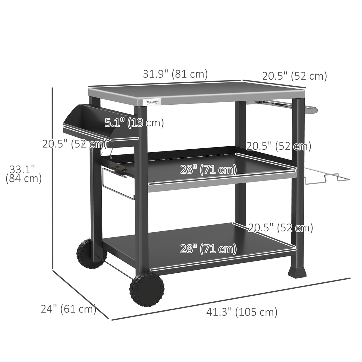 3-Shelf Outdoor Grill Cart Table with Side Handle, Stainless Steel Pizza Oven Stand on Wheels, Black – view 2