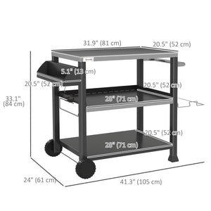 3-Shelf Outdoor Grill Cart Table with Side Handle, Stainless Steel Pizza Oven Stand on Wheels, Black – view 2