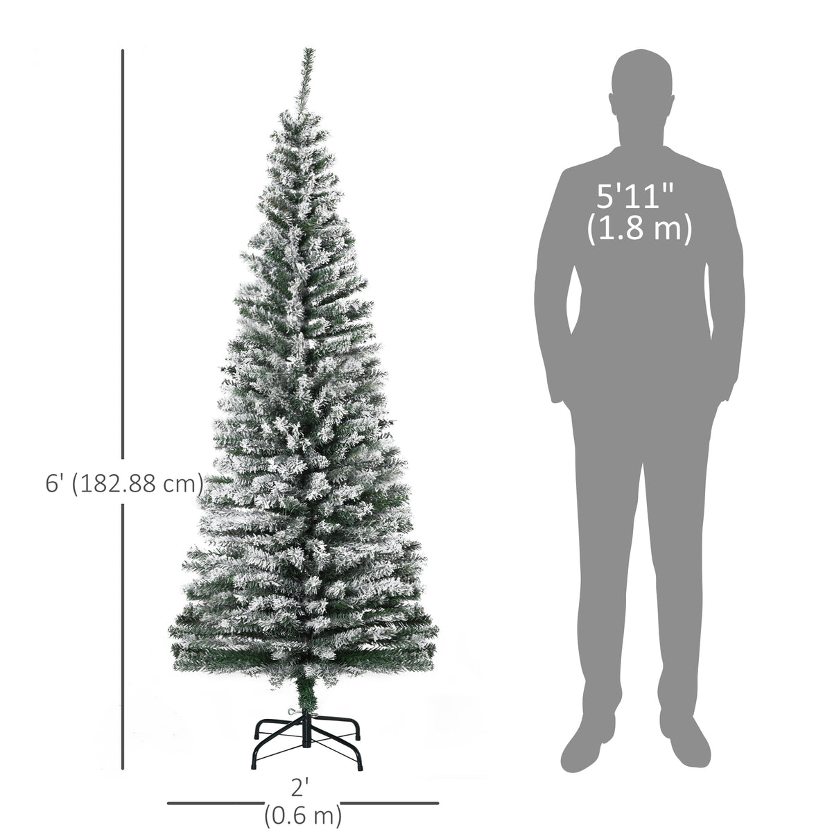 6ft Flocked Christmas Tree, Pencil Christmas Tree with Realistic Branch Tips, Folding Metal Stand, Green – view 2