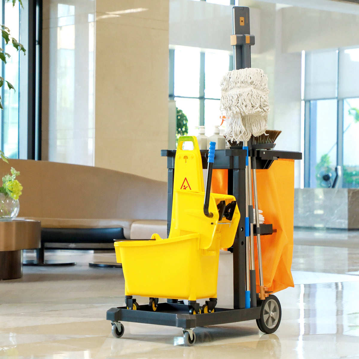 Janitorial Cart with 3 Shelves, Cleaning Cart on Wheels with Rubbish Bag and Mop Holders for Hotel – view 14