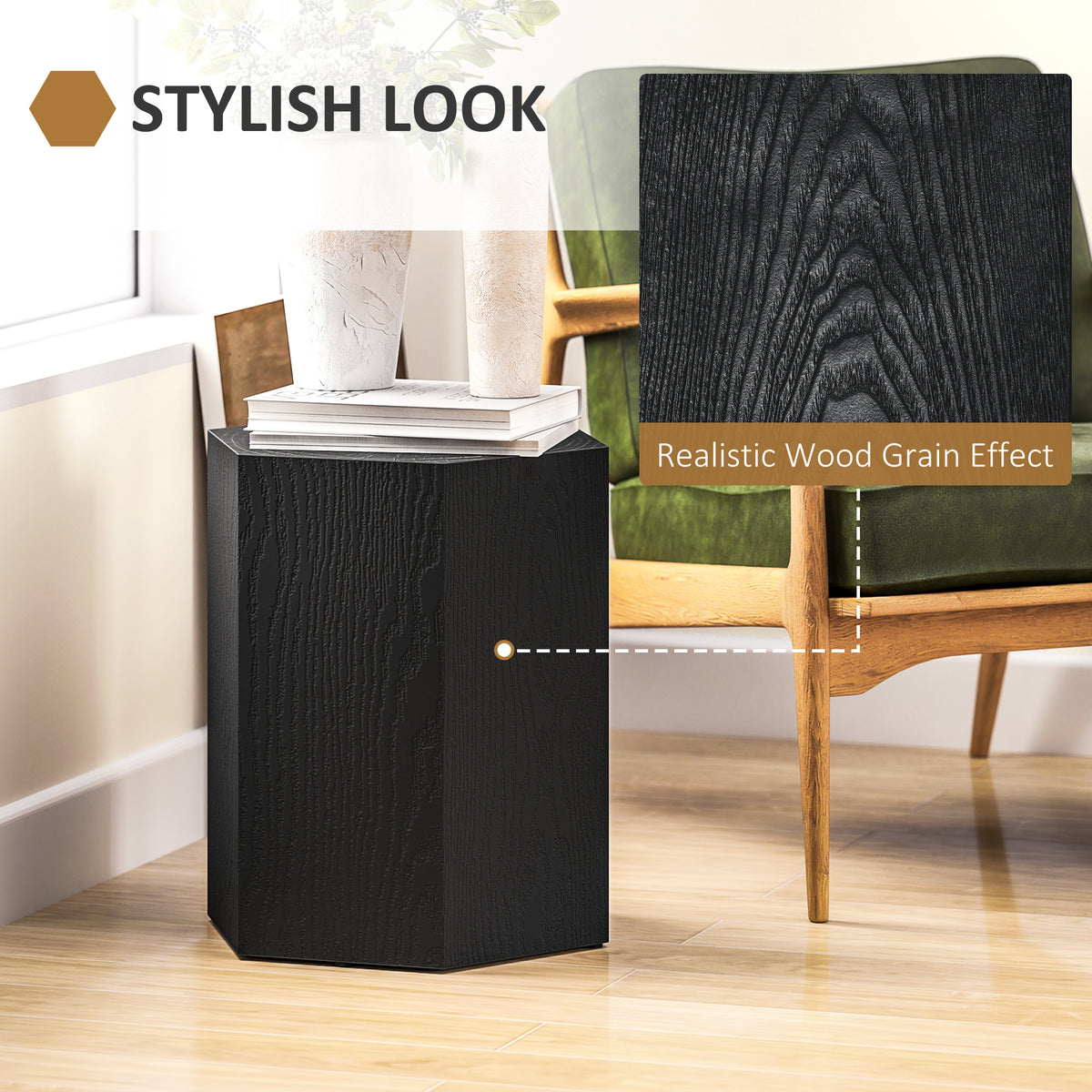 Hexagonal Side Table, Small End Table with 4 Adjustable Feet for Indoor, Outdoor, Black