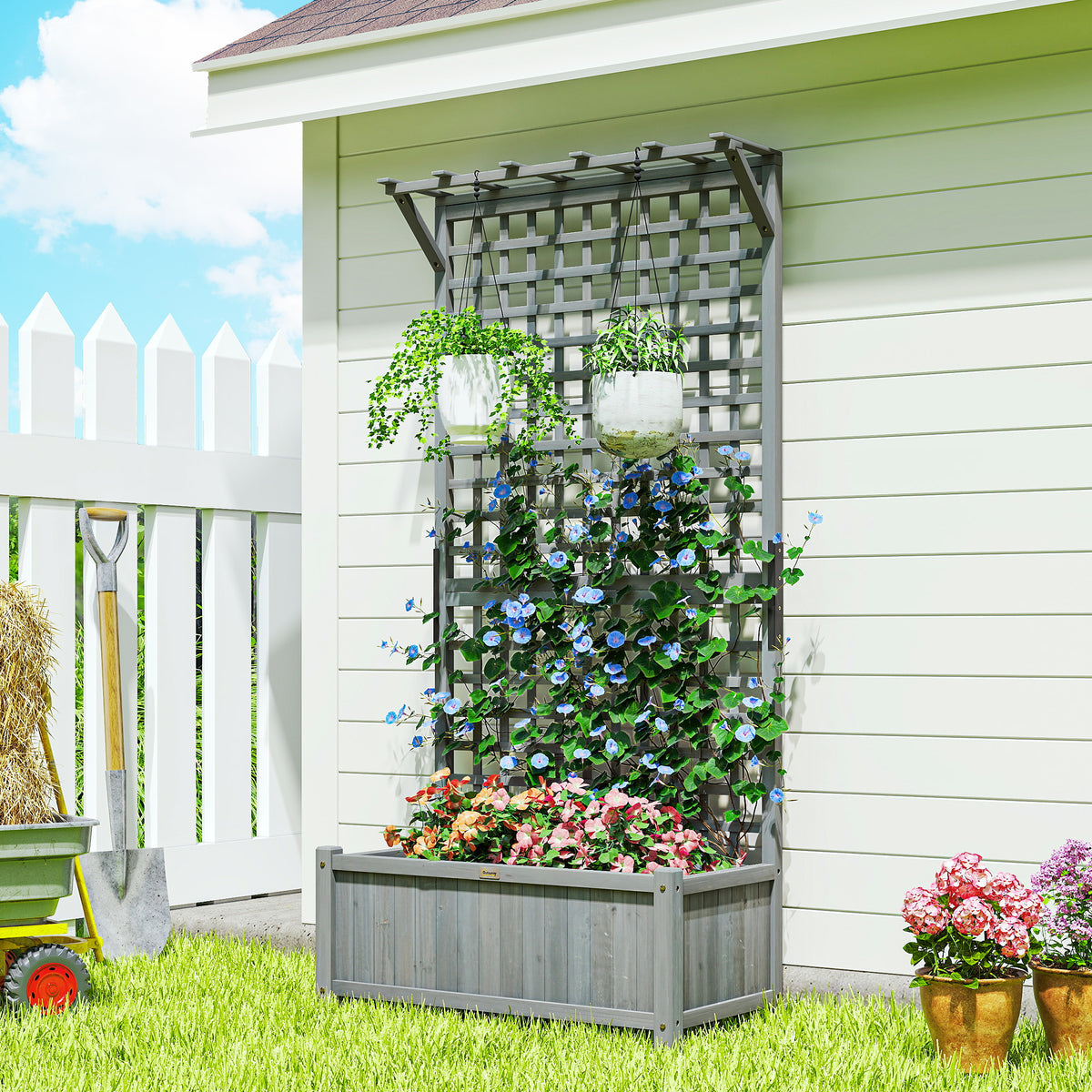 Wood Planter with Trellis for Vine Climbing, Raised Garden Bed, Privacy Screen for Backyard, Patio, Deck, Dark Grey