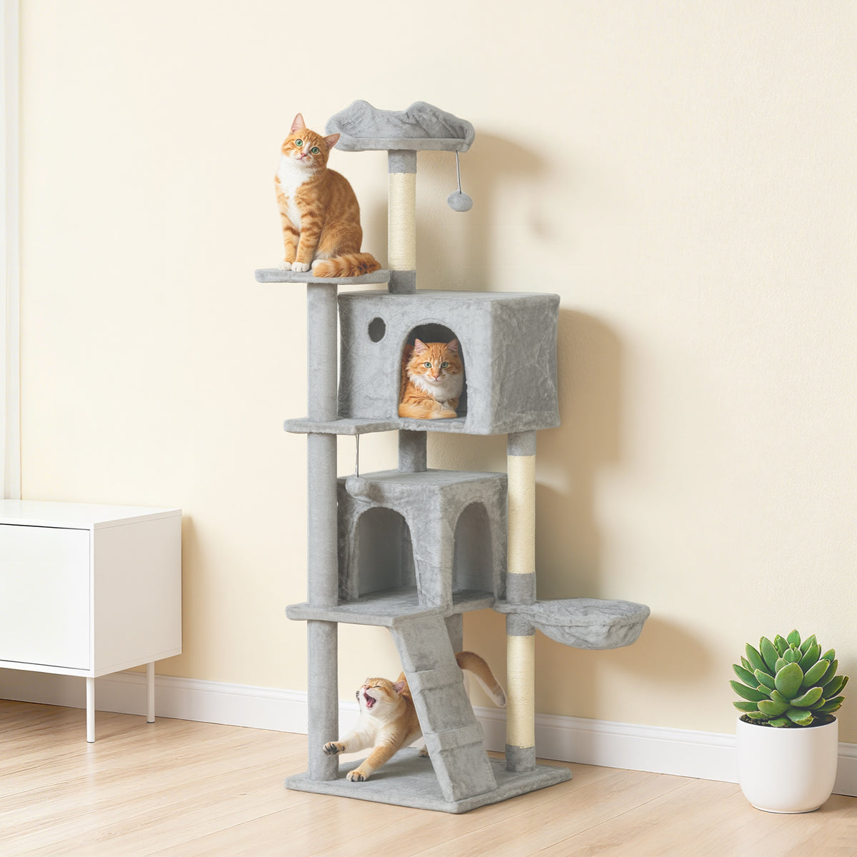 63 Inch Cat Tree with Sisal Scratching Posts, Condos, Plush Perches, Hammock, Ladder, Dangling Balls, Beige – view 21