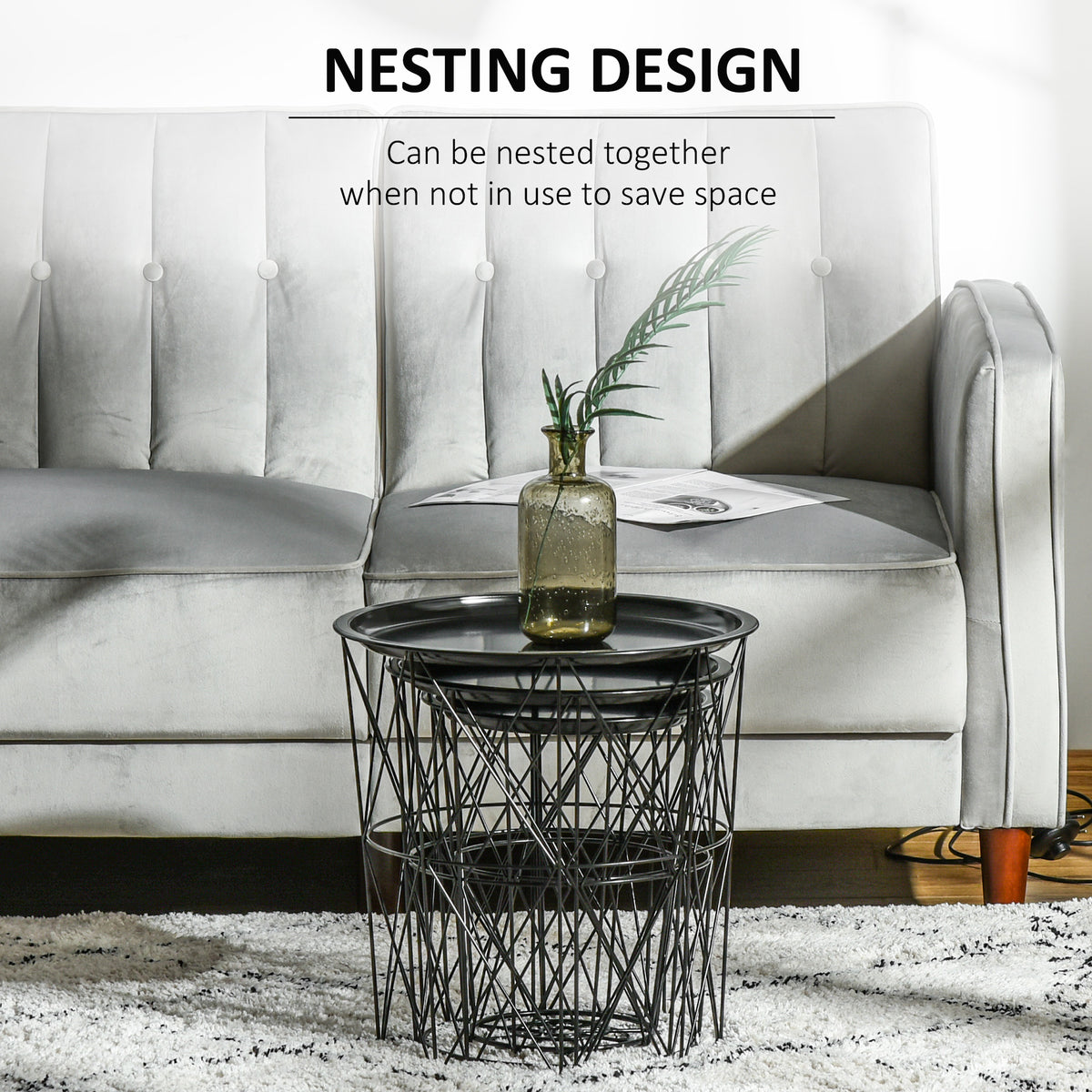 Set of 3 Nesting Coffee Tables with Storage, Round End Table with Removable Tray, Basket Side Tables with Metal Frame for Living Room, Black