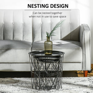 Set of 3 Nesting Coffee Tables with Storage, Round End Table with Removable Tray, Basket Side Tables with Metal Frame for Living Room, Black