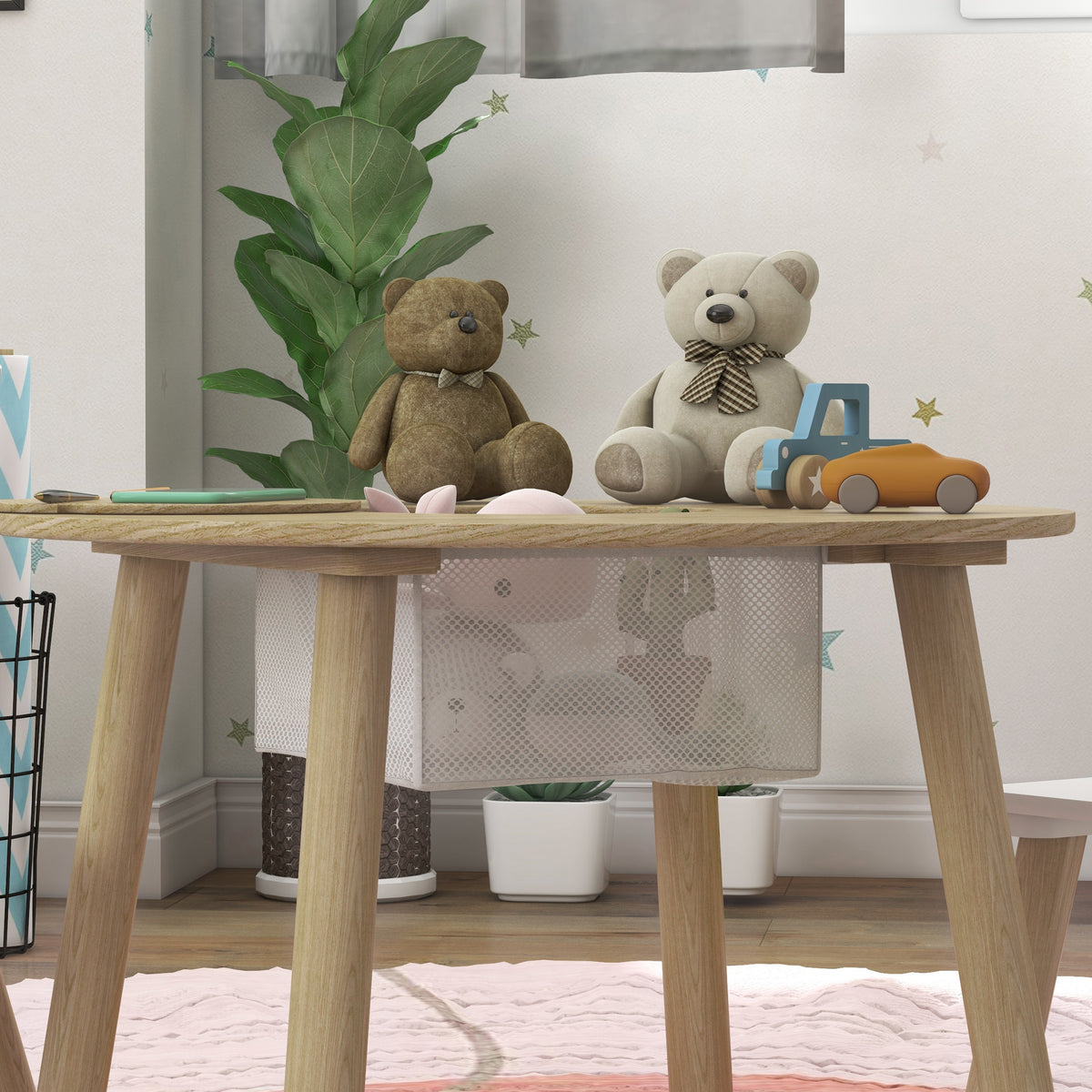 Qaba 3 Pieces Kids Table and Chair Set, Activity Table and Chair Set with Bear-Shaped Chairs, Mesh Bag