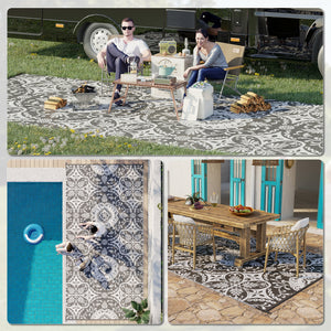 Portable Outdoor Rug with Carry Bag, 9' x 18' Reversible Mat, Waterproof Plastic Straw RV Rug for Backyard, Deck, Picnic, Beach, Camping, Blue & White Flower