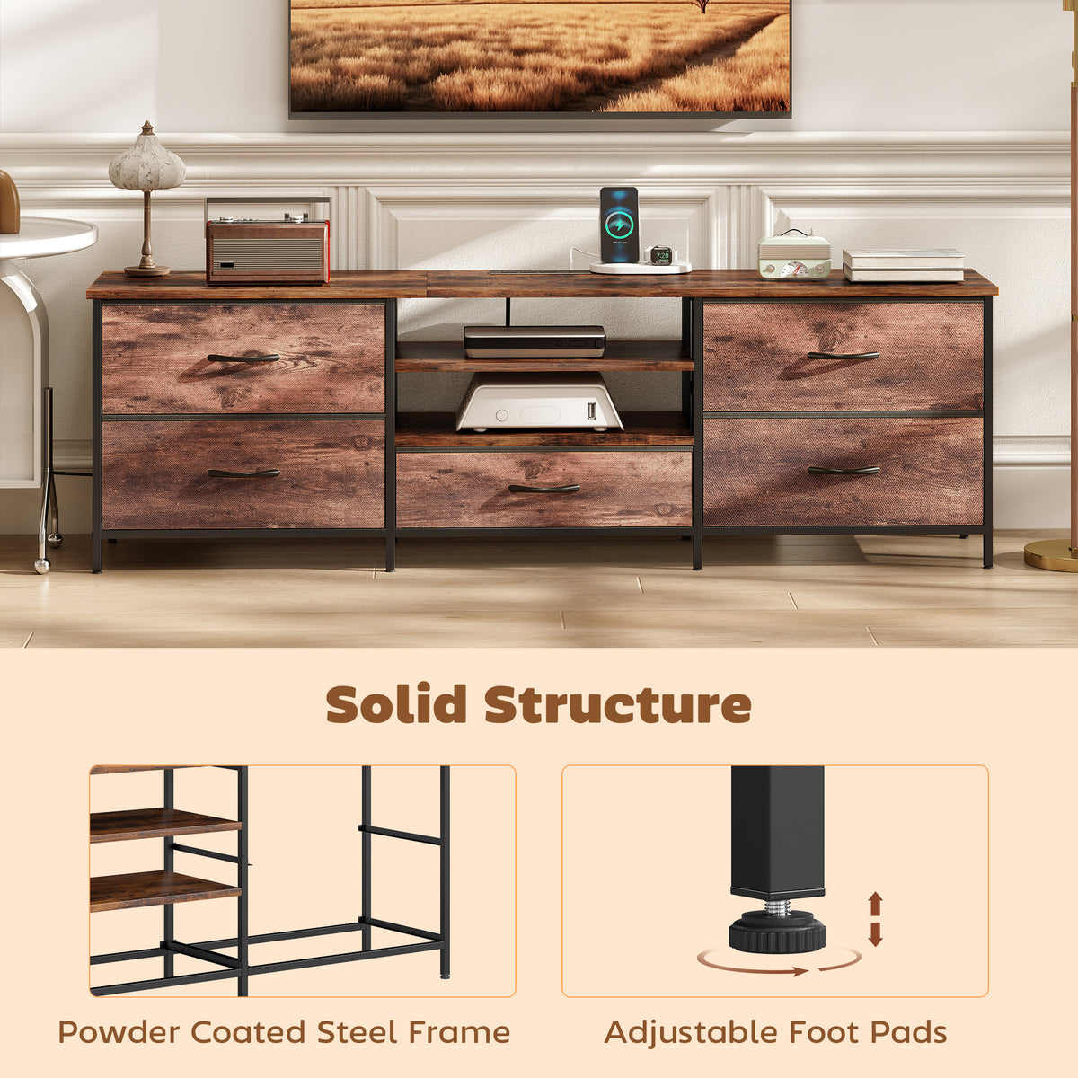 TV Stand for TVs up to 65 Inch, Industrial TV Console with Charging Station, 5 Drawers and Open Shelves – view 12