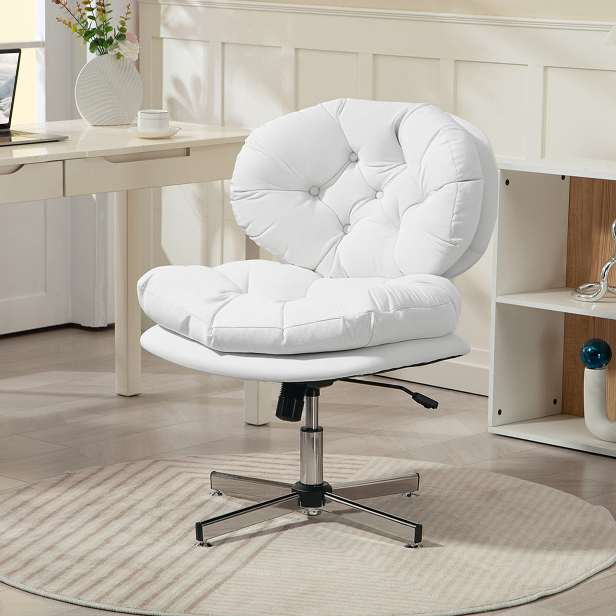 Computer Desk Chair, Armless Office Chair with Wide Padded Seat and Adjustable Height, Cream White – view 42